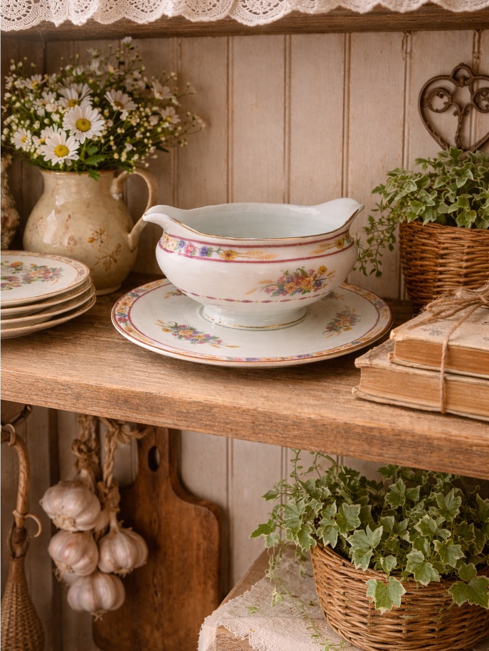 Vintage Floral Gravy Boat with Underplate